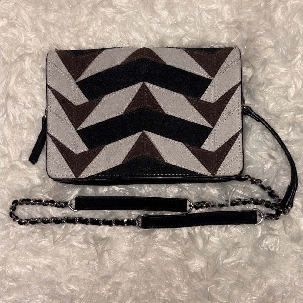ZARA Suede Retro Patchwork Chevron Pattern Black/Brown/Taupe Crossbody
